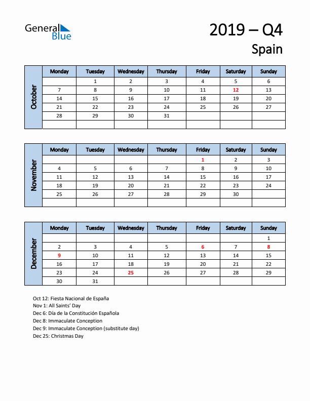 Free Q4 2019 Calendar for Spain - Monday Start