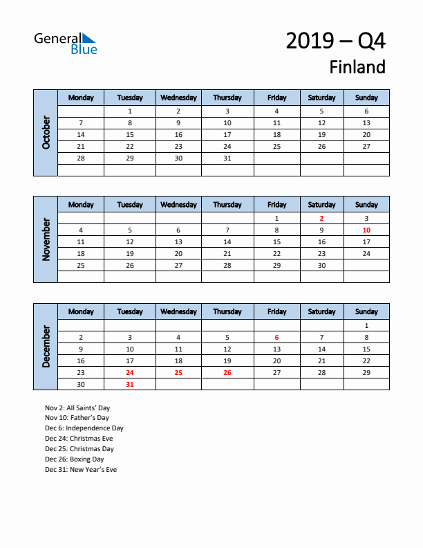 Free Q4 2019 Calendar for Finland - Monday Start