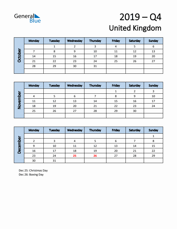Free Q4 2019 Calendar for United Kingdom - Monday Start