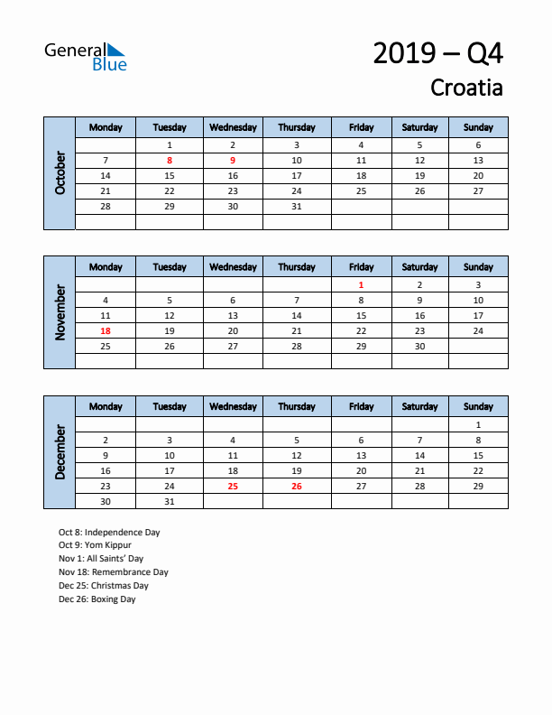 Free Q4 2019 Calendar for Croatia - Monday Start