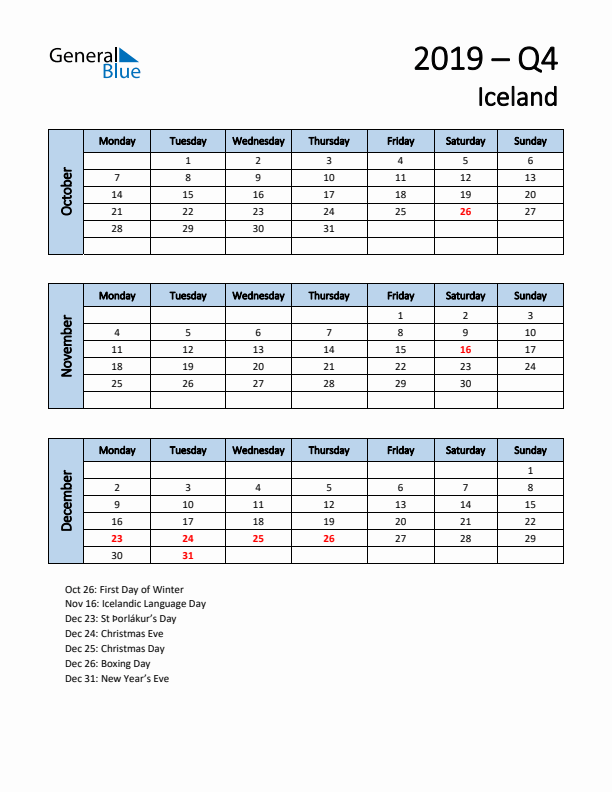 Free Q4 2019 Calendar for Iceland - Monday Start