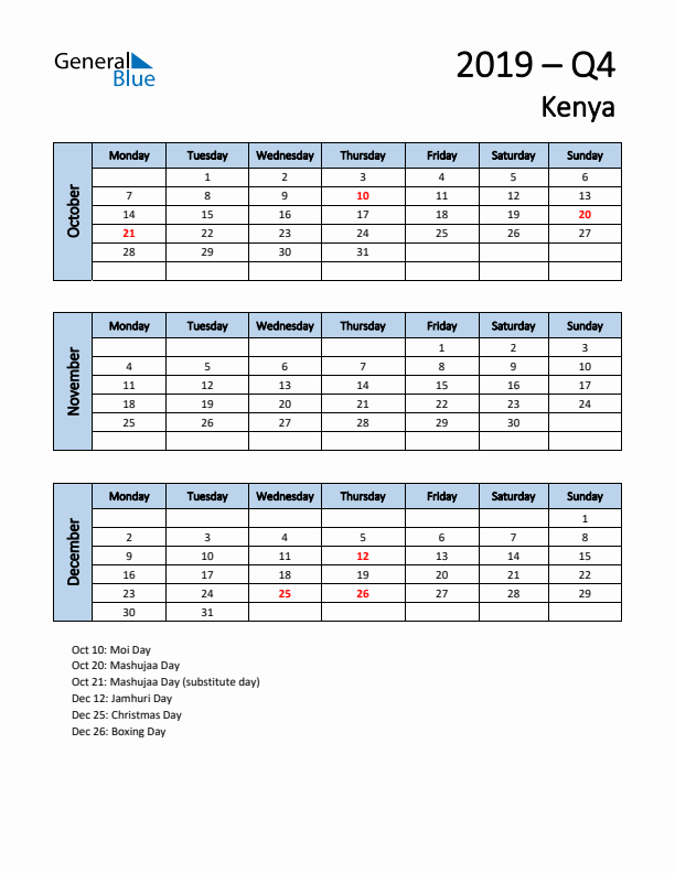 Free Q4 2019 Calendar for Kenya - Monday Start