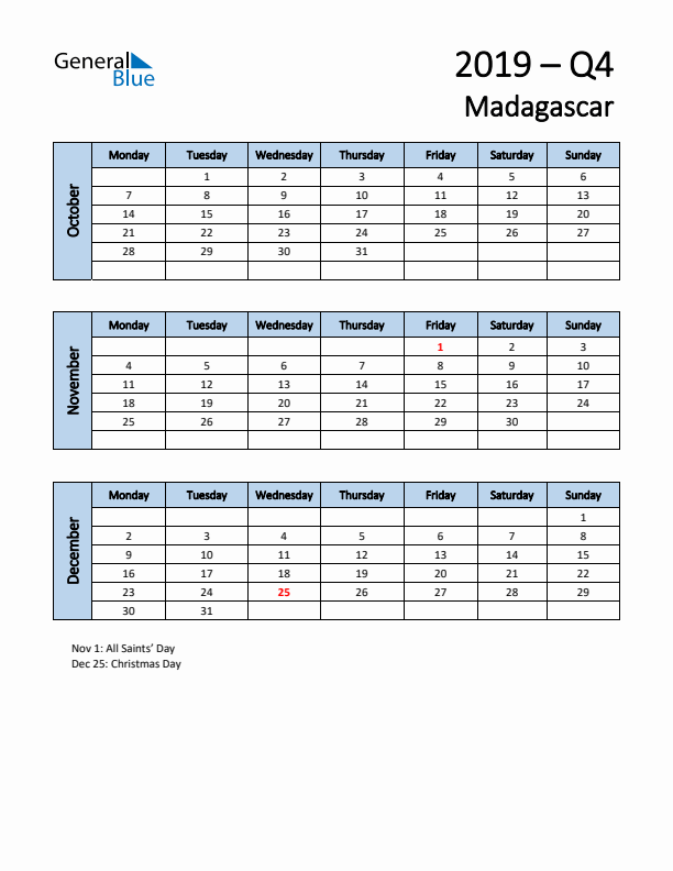 Free Q4 2019 Calendar for Madagascar - Monday Start