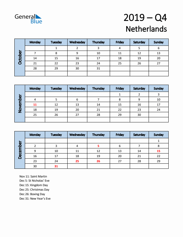 Free Q4 2019 Calendar for The Netherlands - Monday Start