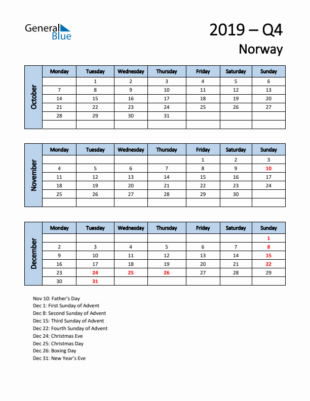 Free Q4 2019 Calendar for Norway - Monday Start