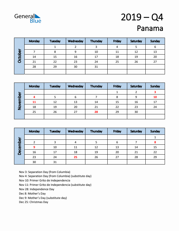 Free Q4 2019 Calendar for Panama - Monday Start