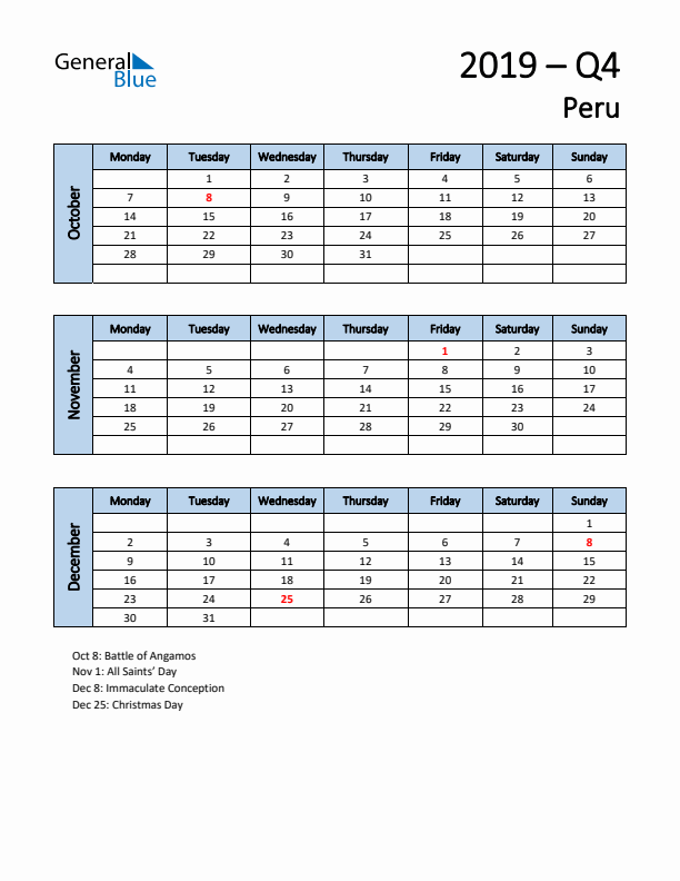 Free Q4 2019 Calendar for Peru - Monday Start