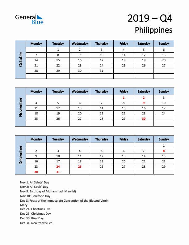 Free Q4 2019 Calendar for Philippines - Monday Start