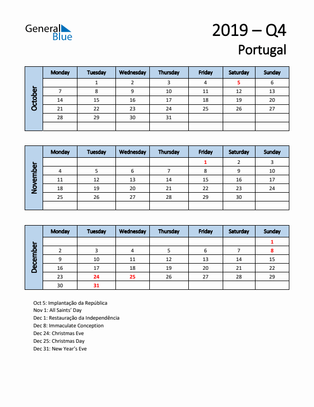 Free Q4 2019 Calendar for Portugal - Monday Start