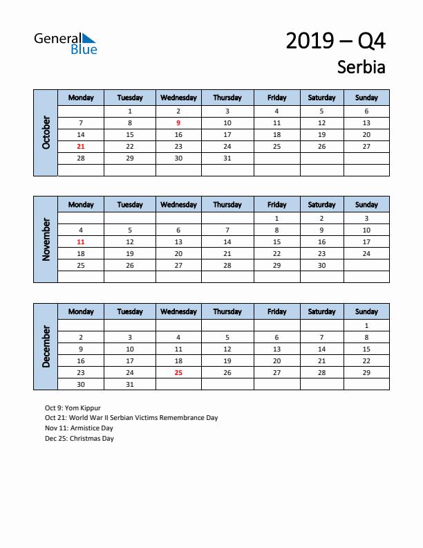 Free Q4 2019 Calendar for Serbia - Monday Start