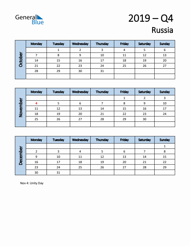 Free Q4 2019 Calendar for Russia - Monday Start