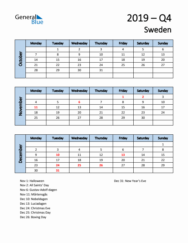 Free Q4 2019 Calendar for Sweden - Monday Start