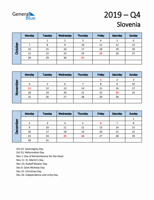 Free Q4 2019 Calendar for Slovenia - Monday Start