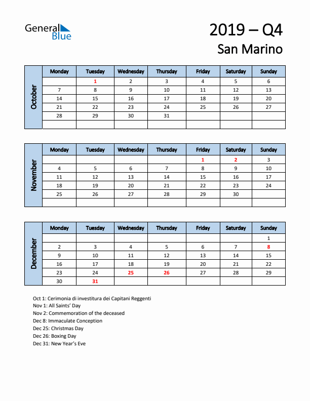 Free Q4 2019 Calendar for San Marino - Monday Start