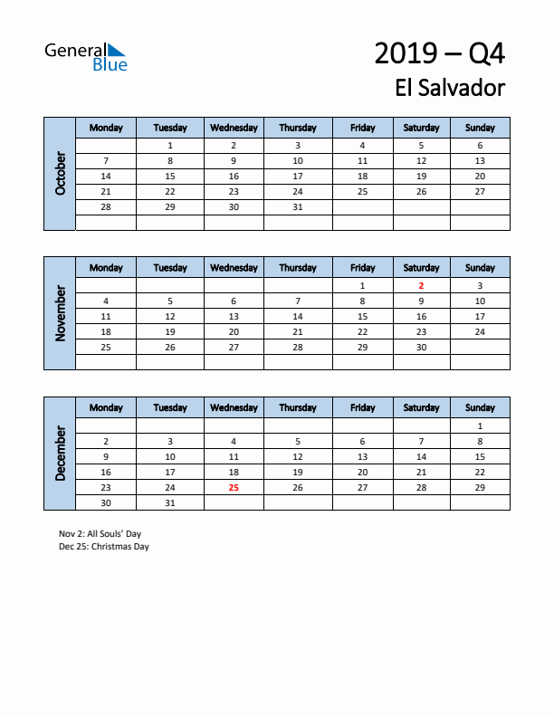 Free Q4 2019 Calendar for El Salvador - Monday Start
