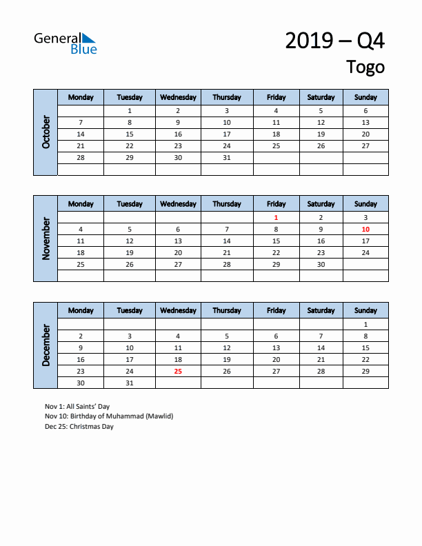 Free Q4 2019 Calendar for Togo - Monday Start