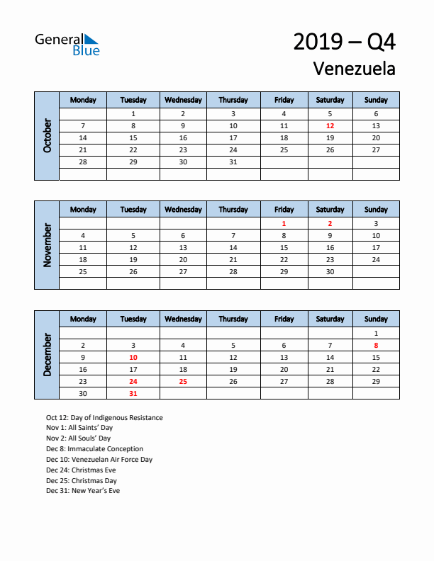 Free Q4 2019 Calendar for Venezuela - Monday Start