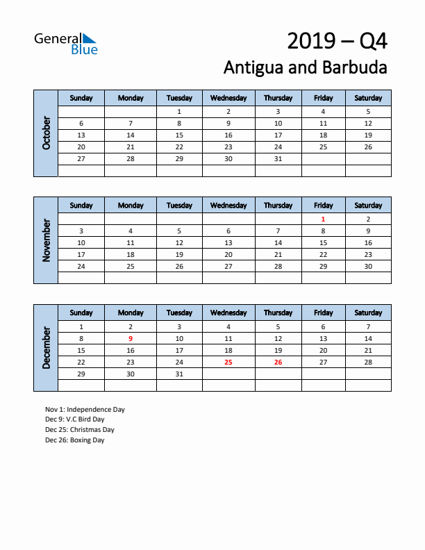 Free Q4 2019 Calendar for Antigua and Barbuda - Sunday Start