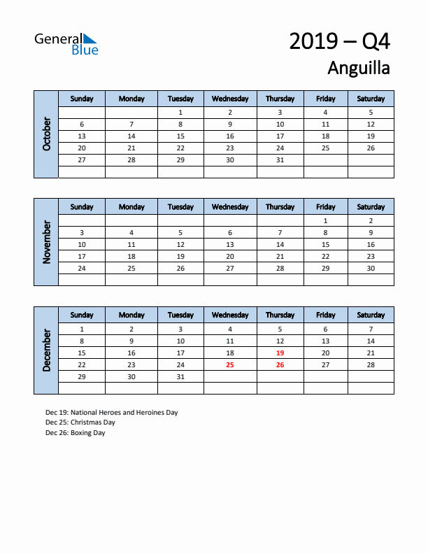 Free Q4 2019 Calendar for Anguilla - Sunday Start