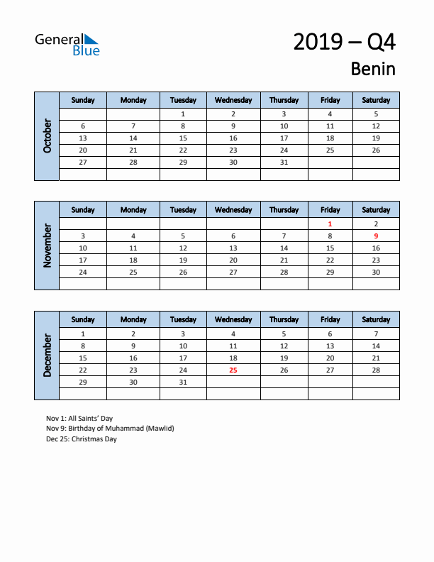 Free Q4 2019 Calendar for Benin - Sunday Start