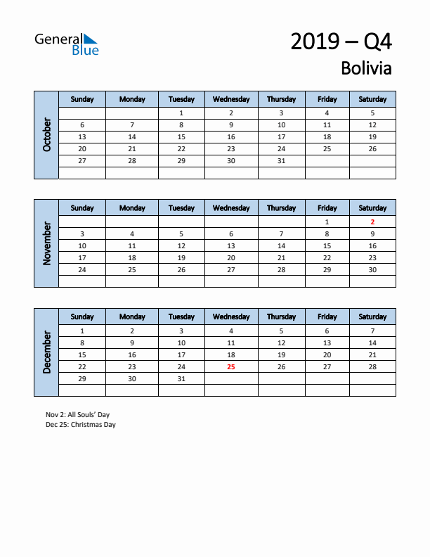Free Q4 2019 Calendar for Bolivia - Sunday Start