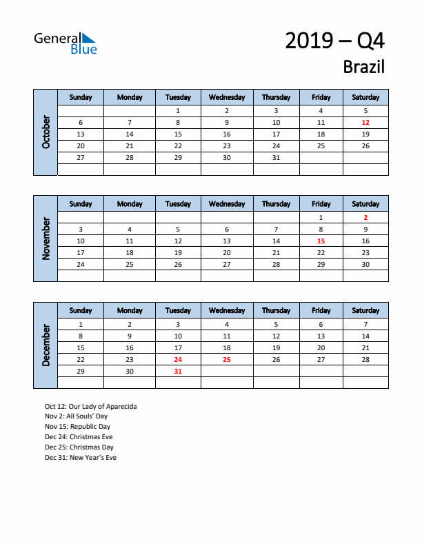 Free Q4 2019 Calendar for Brazil - Sunday Start