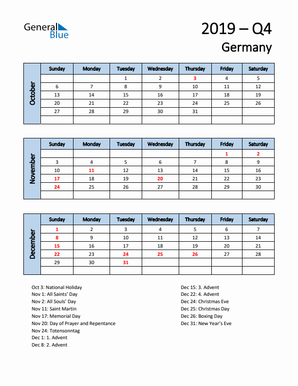 Free Q4 2019 Calendar for Germany - Sunday Start