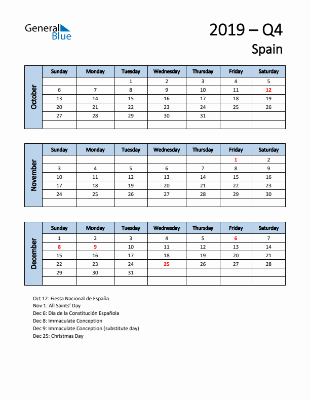 Free Q4 2019 Calendar for Spain - Sunday Start