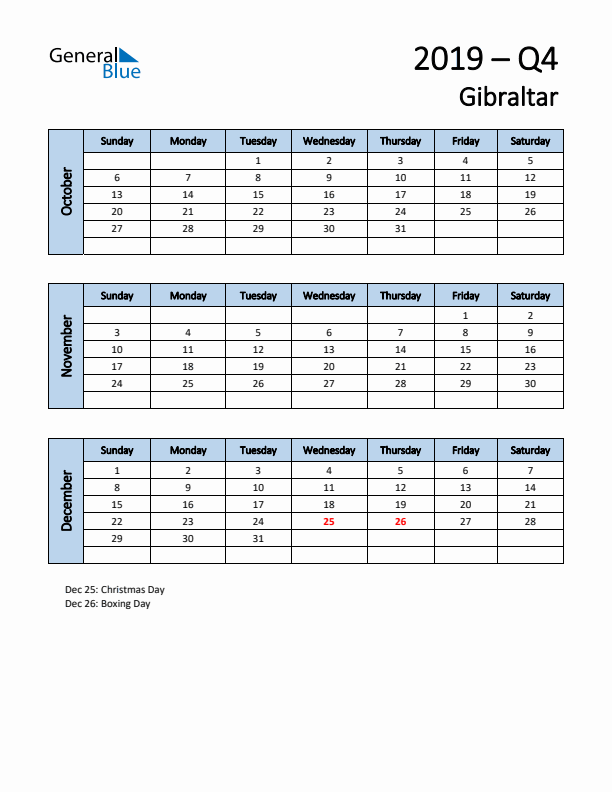 Free Q4 2019 Calendar for Gibraltar - Sunday Start