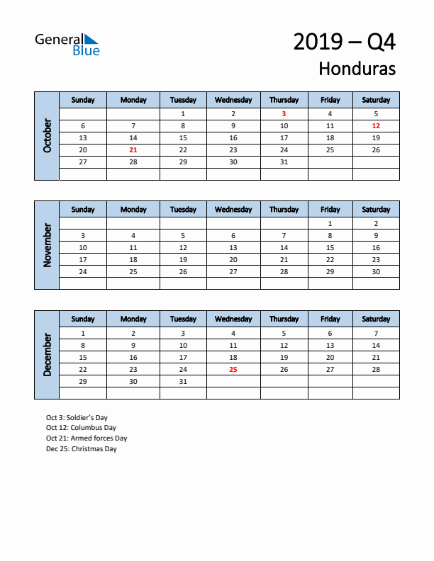 Free Q4 2019 Calendar for Honduras - Sunday Start