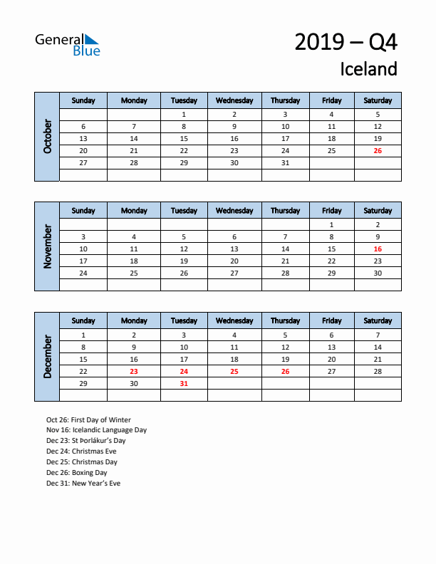 Free Q4 2019 Calendar for Iceland - Sunday Start