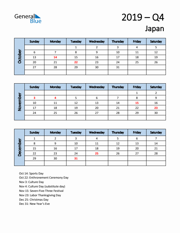 Free Q4 2019 Calendar for Japan - Sunday Start