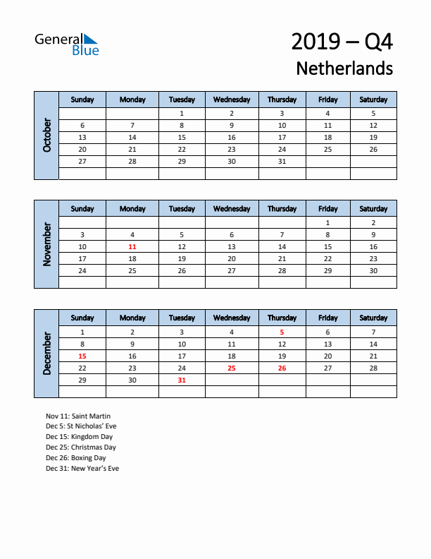 Free Q4 2019 Calendar for The Netherlands - Sunday Start