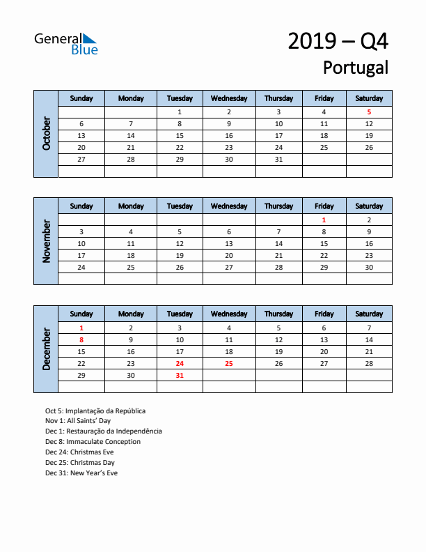 Free Q4 2019 Calendar for Portugal - Sunday Start