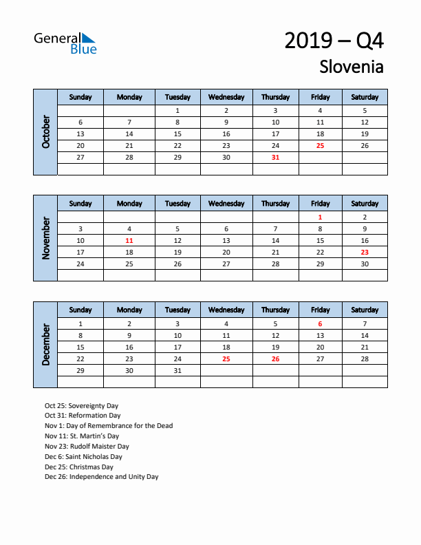 Free Q4 2019 Calendar for Slovenia - Sunday Start