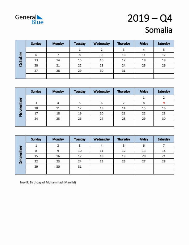 Free Q4 2019 Calendar for Somalia - Sunday Start