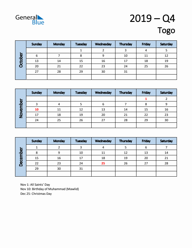 Free Q4 2019 Calendar for Togo - Sunday Start