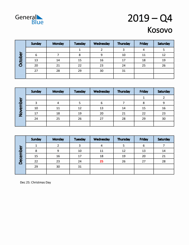 Free Q4 2019 Calendar for Kosovo - Sunday Start