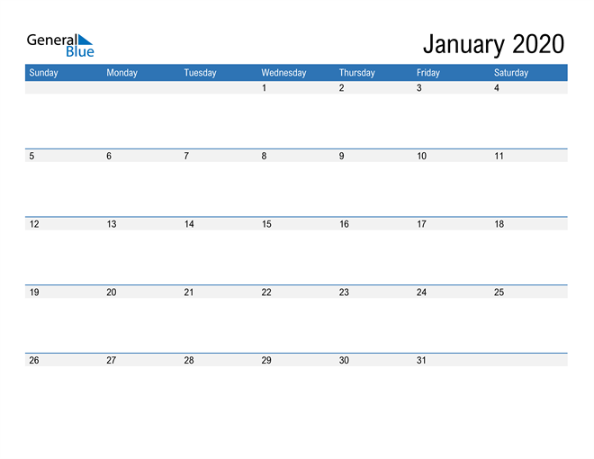  Fillable Calendar for January 2020