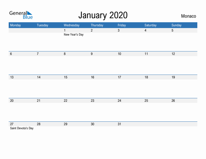 Fillable January 2020 Calendar