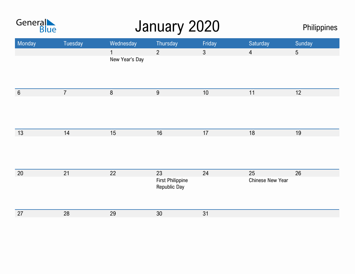 Editable January 2020 Calendar With Philippines Holidays