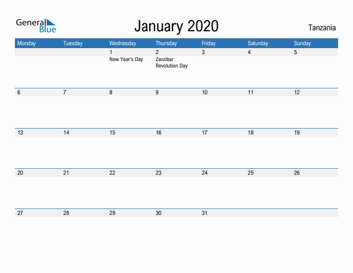 Fillable January 2020 Calendar