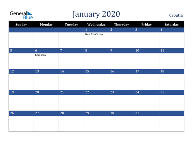 January 2020 Croatia Calendar