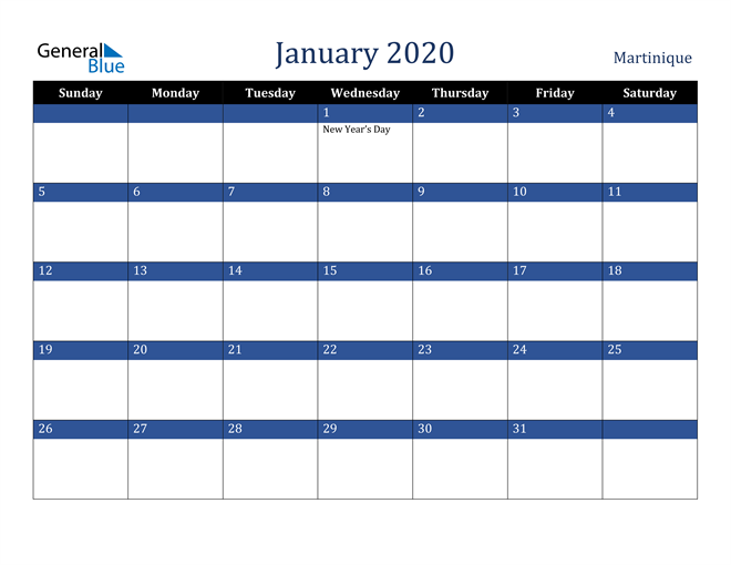 January 2020 Martinique Calendar