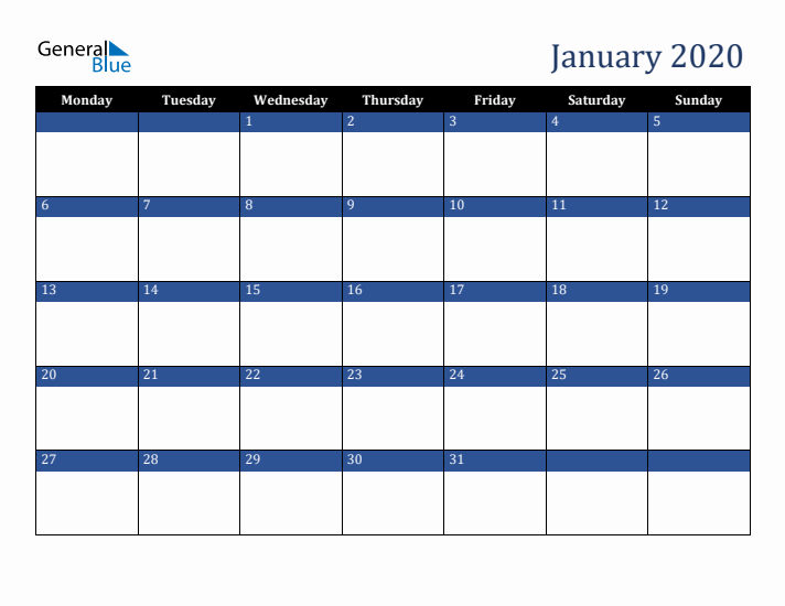 Monday Start Calendar for January 2020