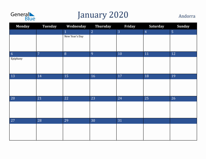 January 2020 Andorra Calendar (Monday Start)