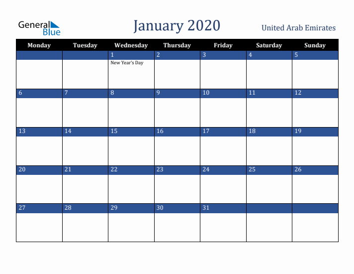 January 2020 United Arab Emirates Calendar (Monday Start)