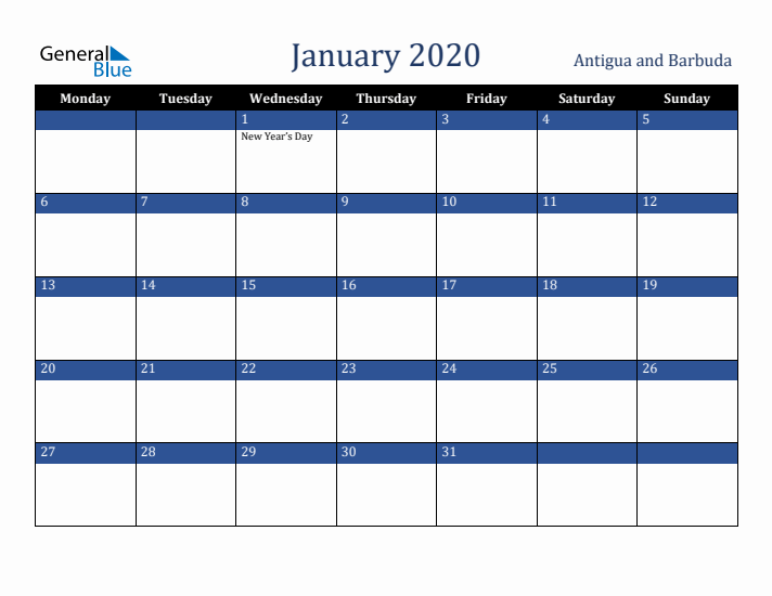 January 2020 Antigua and Barbuda Calendar (Monday Start)