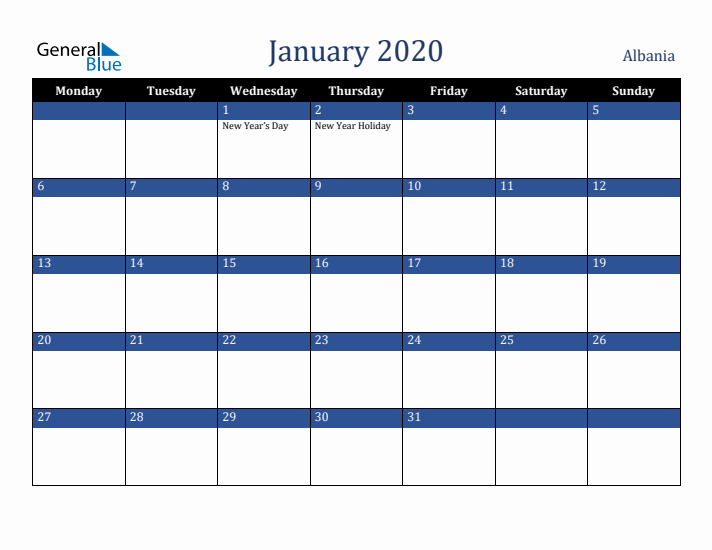 January 2020 Albania Calendar (Monday Start)