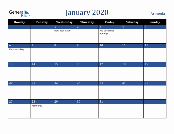 January 2020 Armenia Calendar (Monday Start)